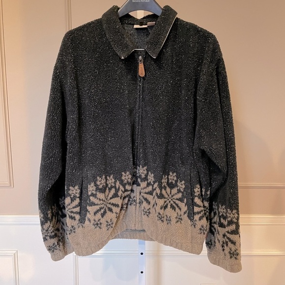 Woolrich Men's Vintage 90s Full Zip Fleece Snowflakes Black Tan Jacket Nordic - Picture 1 of 4